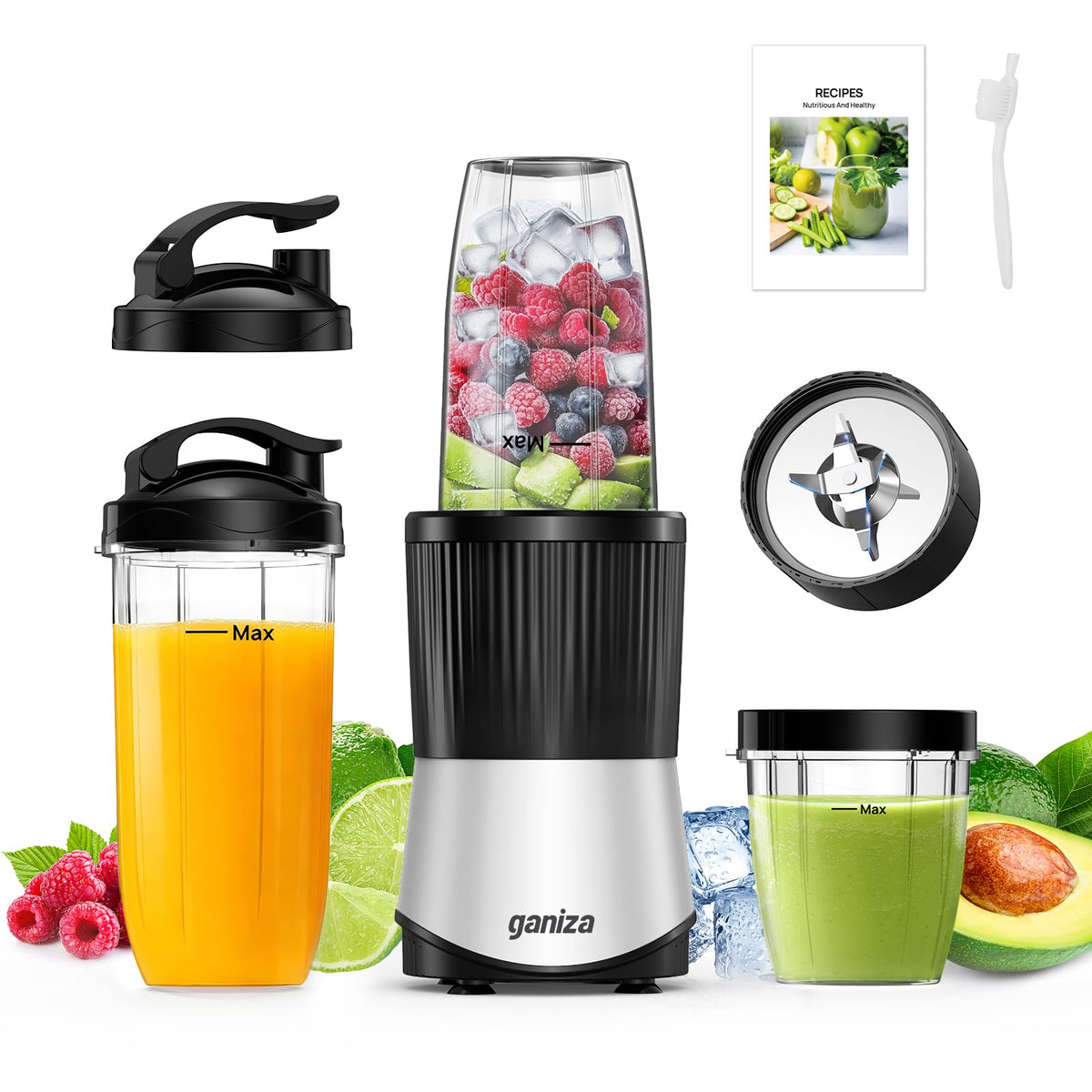 Ganiza Smoothie Maker CB08, 900 W Mini-Standmixer mit 3 To-Go-Bechern, Silber/Schwarz
