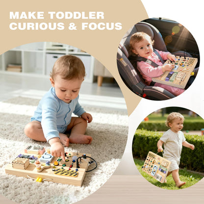 Joyreal Montessori Busy Board aus Holz, Motorikspielzeug mit 20 LEDs