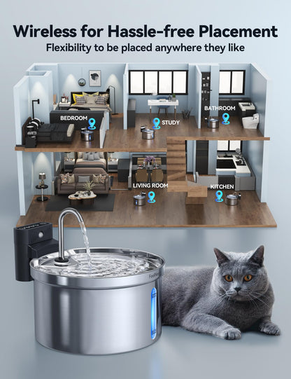 FEELNEEDY Katzenbrunnen Edelstahl 3,5 L, kabellos mit Sensor und Akku