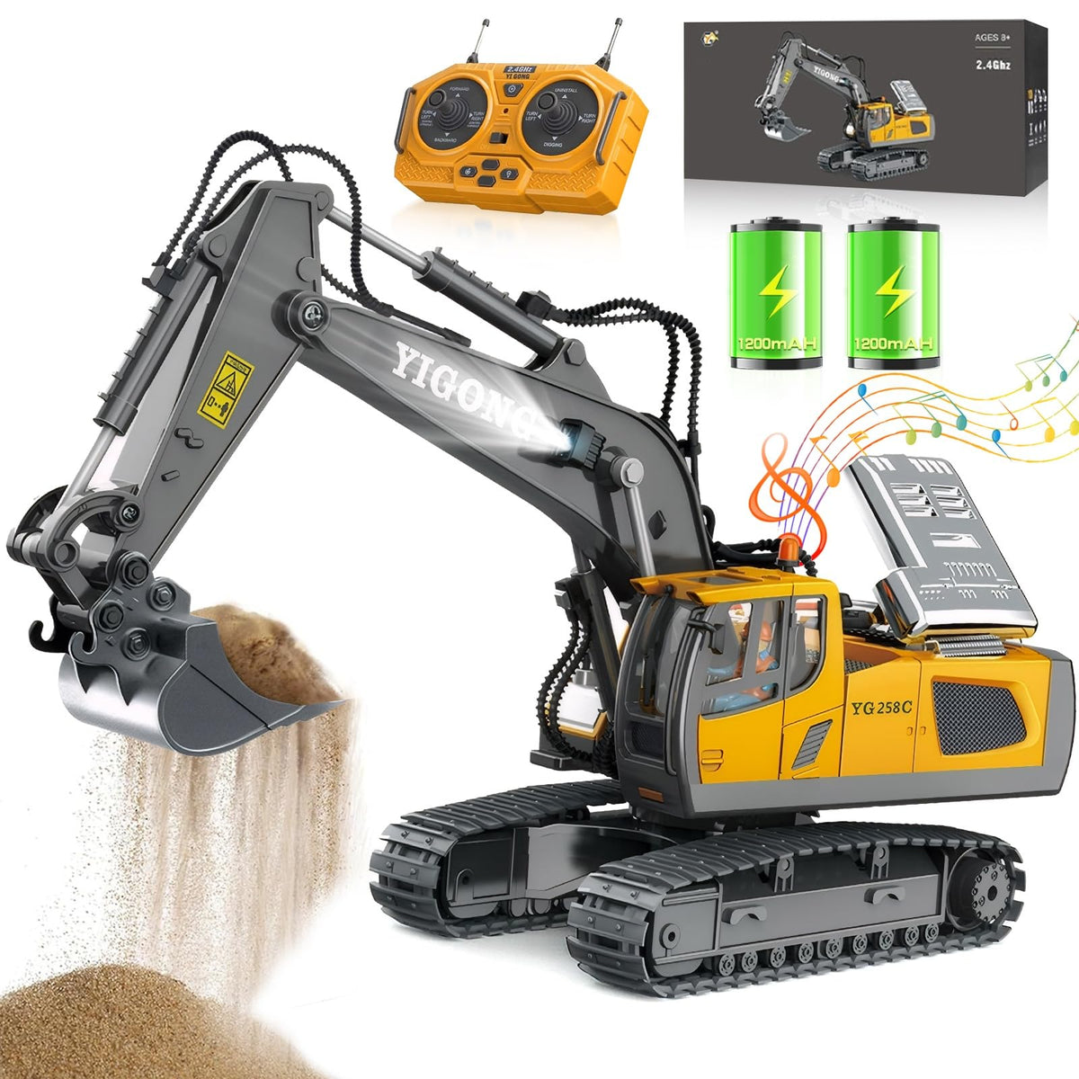 KIYTARBOO RC Bagger mit Licht und Sound, 2,4 GHz, 680° Drehung aus Metall und ABS mit Raupenfahrwerk