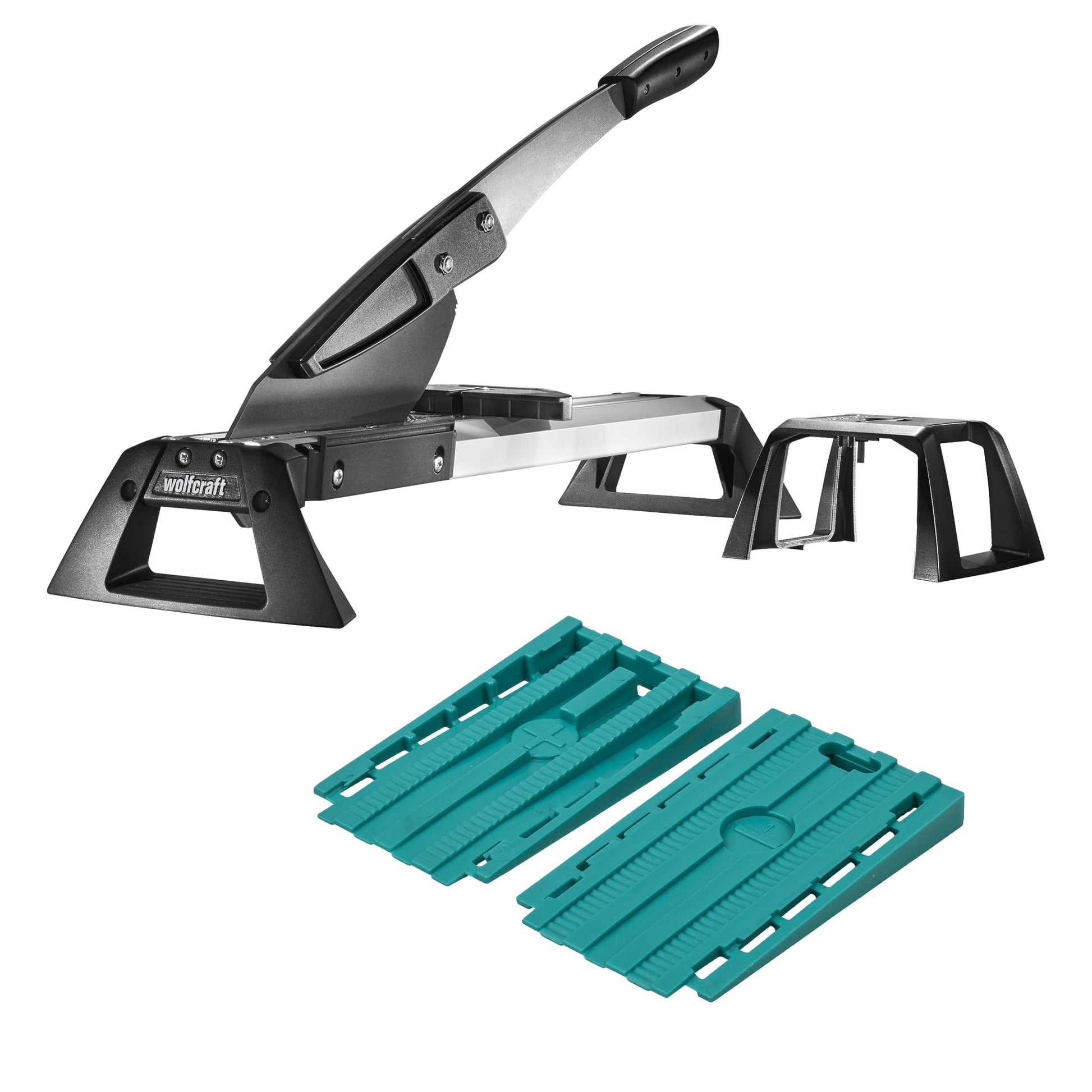 wolfcraft Profi-Schneider Set Vinyl & Laminat - 8638000. Grauer Metall-Hebelschneider zum staubfreien Zuschneiden von Vinyl- und Laminatpaneelen.