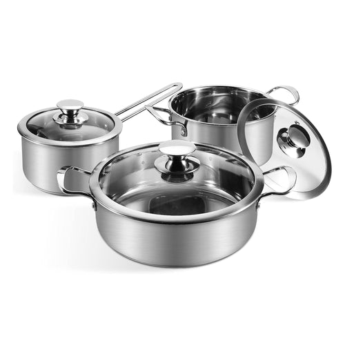 Wodillo Kochtopfset Edelstahl 6-teilig mit Glasdeckeln, unbeschichtet, silber, für alle Herdarten