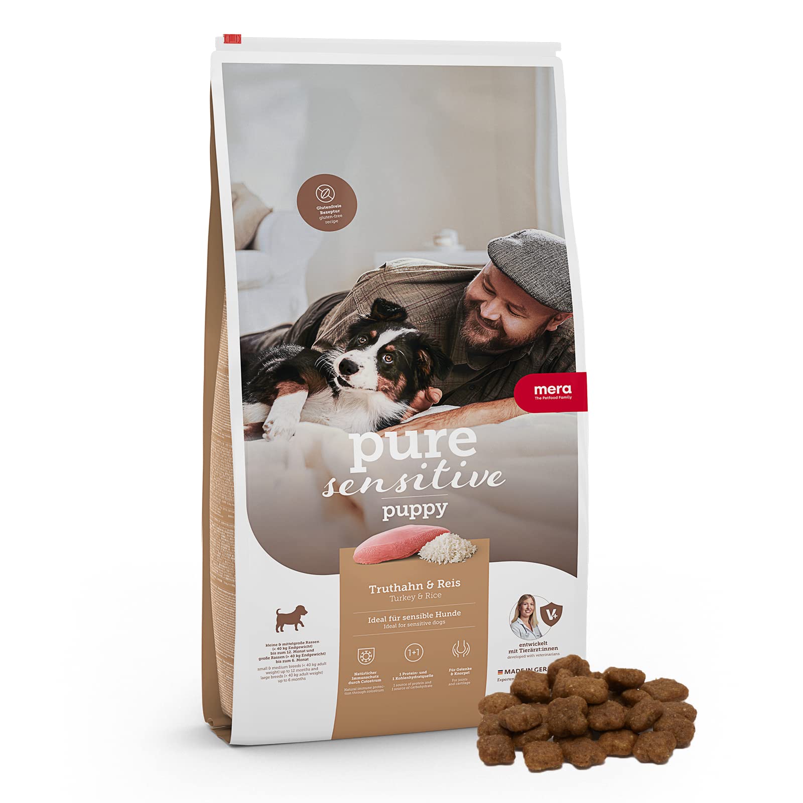 MERA Pure Sensitive Puppy Welpenfutter - Truthahn & Reis 12.5kg: Braune Kroketten. Für sensible Welpen, Monoprotein Truthahn, glutenfreier Reis.