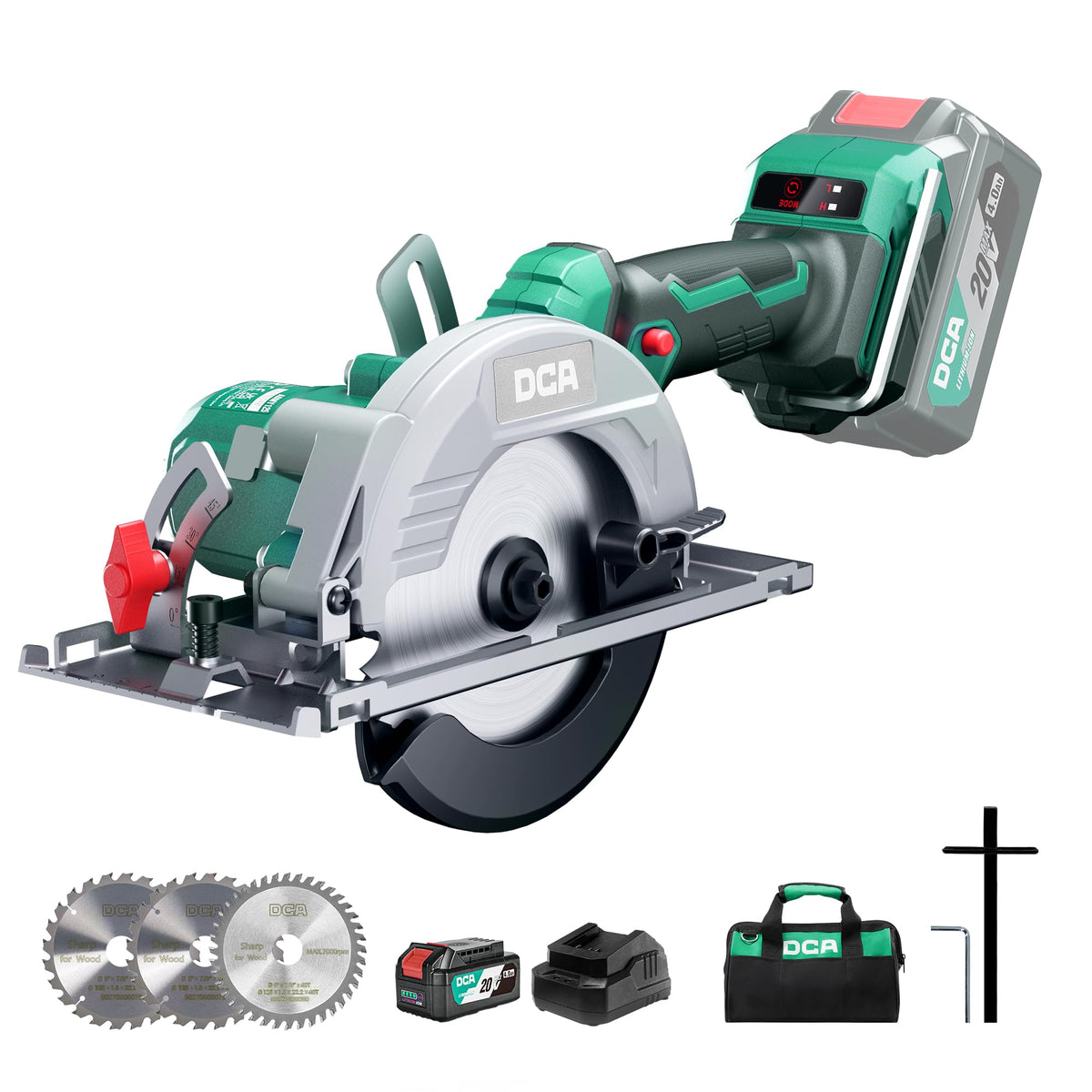 DCA Akku-Handkreissäge ADMY125 20V bürstenlos mit 4,0Ah Akku, 125-mm-Sägeblatt und Führungsschiene