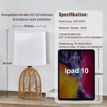GyroVu Nachttischlampe 2er Set Rattan Boho Tischlampe mit E27 Fassung