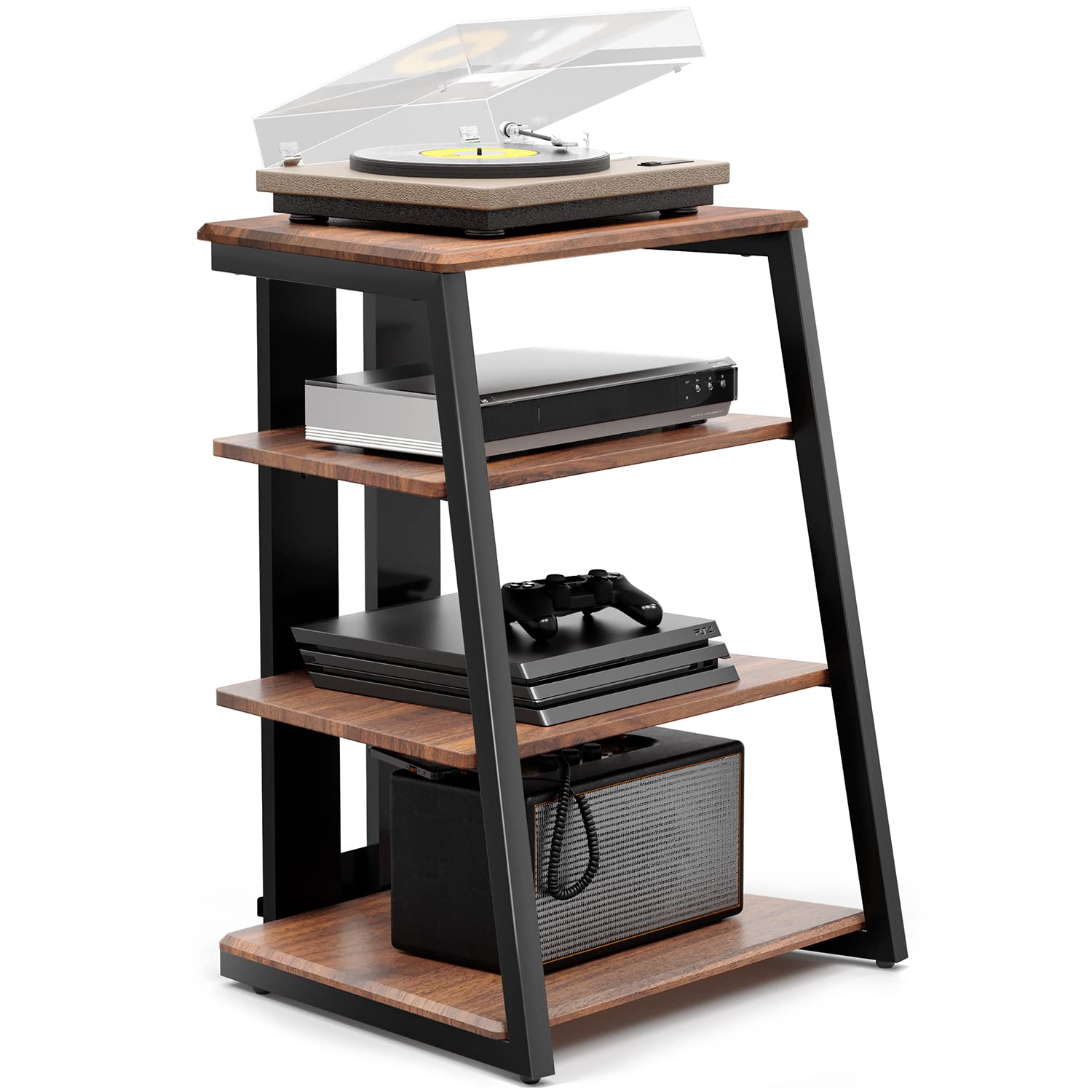 FITUEYES Design HiFi Regal Holz/Stahl, rechteckig, holzfarben/schwarz. Verstellbares Rack zur Präsentation von HiFi-Komponenten.