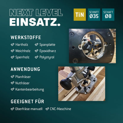 Bayerwald NeoTwister Planfräser für Oberfräse, Ø 35 mm, Schaft 8 mm