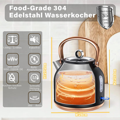 NESSGRAIM Retro-Wasserkocher 1,7 l Edelstahl mit Temperaturanzeige