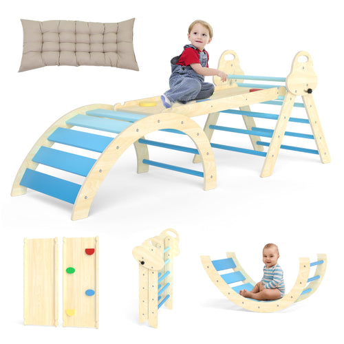 Puecrof 7-in-1 Montessori Kletterdreieck Kletterspielzeug – Blue. Blaues modulares Kletterdreieck zur Motorikförderung und zum Spielklettern.