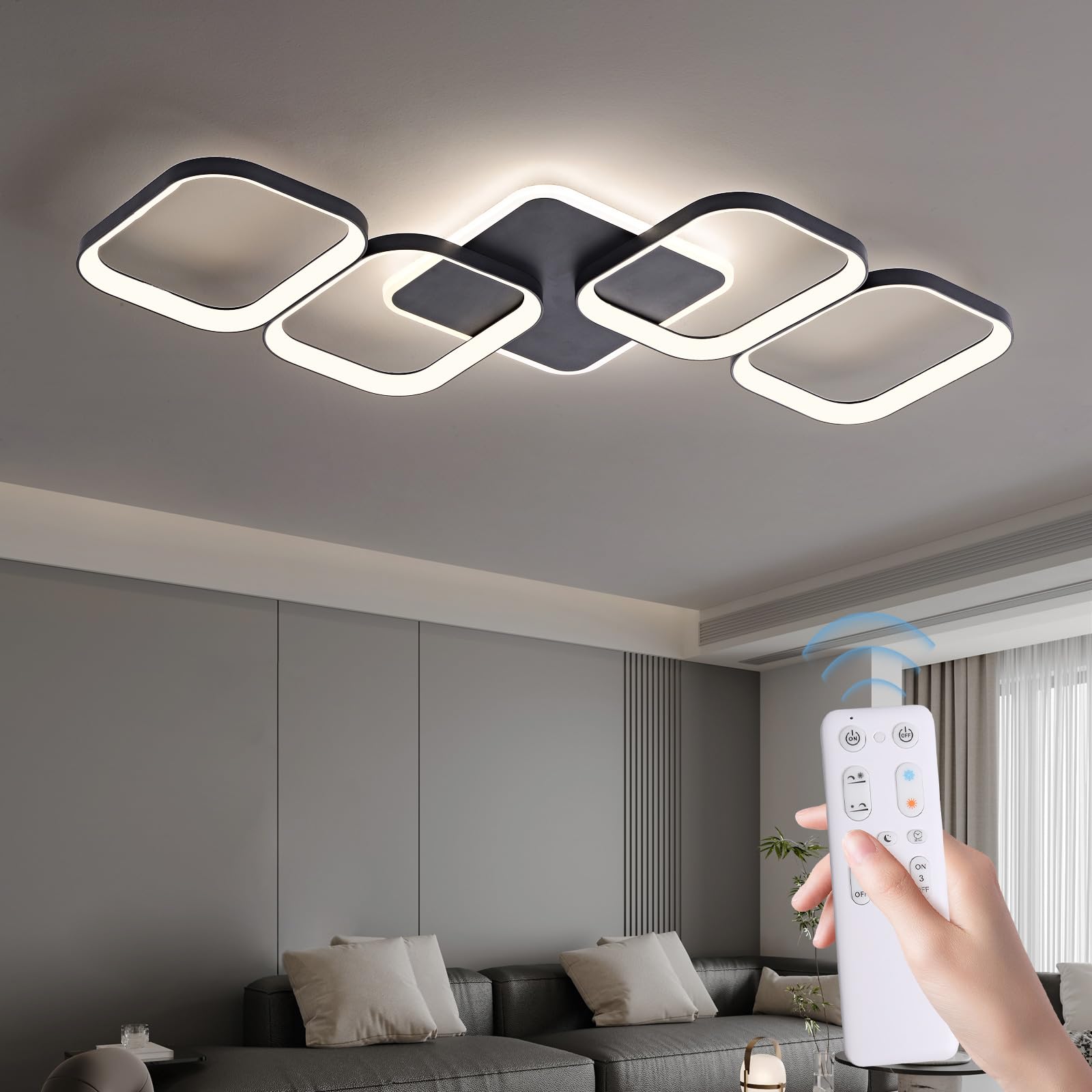 ANTENLICHT Dimmbar Fernbedienung LED Deckenleuchte – Schwarz 50W. Flache, schwarze LED-Leuchte zur dimmbaren Raumbeleuchtung per Fernbedienung.