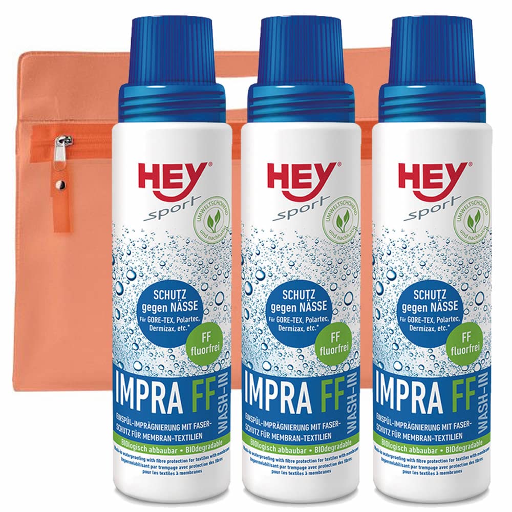 Hey Sport Impra Wash Imprägniermittel 3 x 250 ml mit Kulturbeutel, Wash-In-Imprägnierung für Funktionstextilien