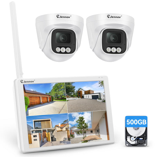 Jennov Überwachungskamera Set 10" Monitor Wireless NVR 2x 5MP Aussen. Funk-Videoüberwachungssystem für Aussenbereiche.