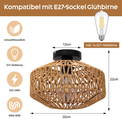AmazeFun Boho Deckenleuchte mit Rattanschirm, Ø 30 cm, E27