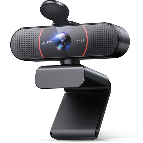 EMEET C960 4K UHD Webcam. Schwarzes, rechteckiges Gehäuse mit Klemmhalterung für gestochen scharfe 4K-Videokonferenzen und Streaming.