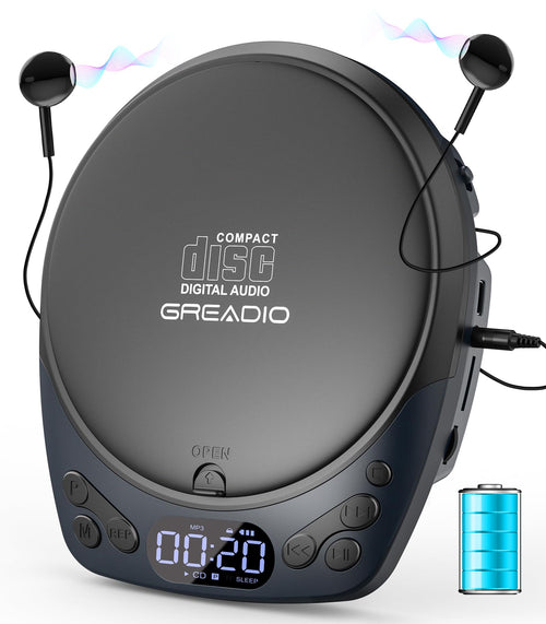 Greadio Tragbarer CD-Player Discman, wiederaufladbar, mit Kopfhörer, Top-Loading-Design