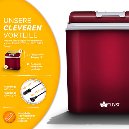 tillvex Kühlbox elektrisch 24L 12V/230V Kühlen/Wärmen - Rot