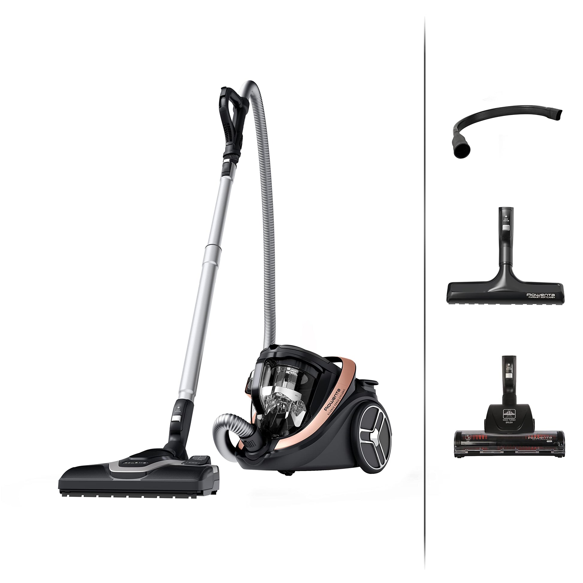 Rowenta RO7954 Silence Force Beutellos – Schwarz/Roségold. Beutelloser Bodenstaubsauger in Schwarz/Roségold zur gründlichen Staubentfernung.