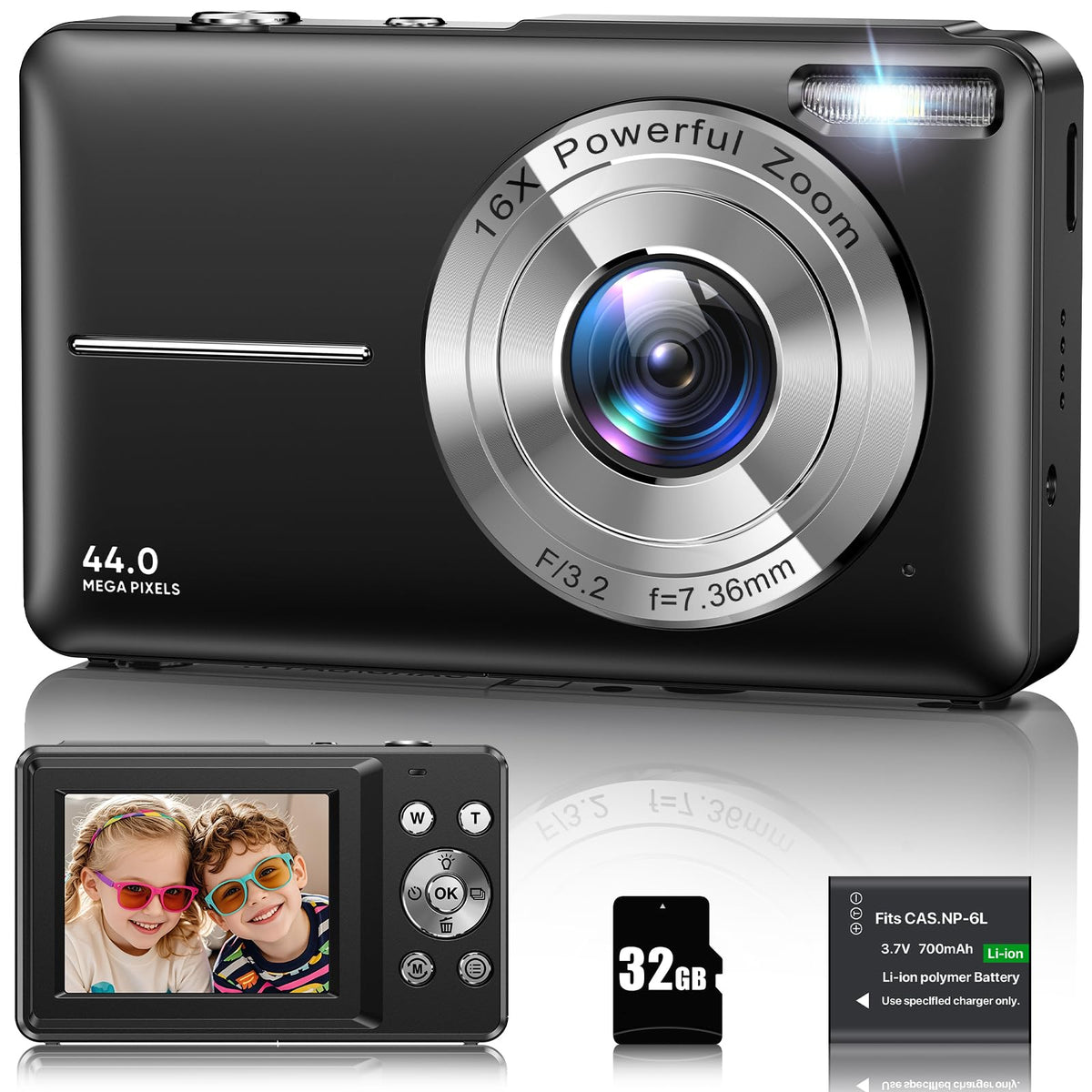 VAHOIALD DC403 Kompaktkamera 1080P 44MP mit 16x Digitalzoom, schwarz, 2,4-Zoll-LCD-Bildschirm