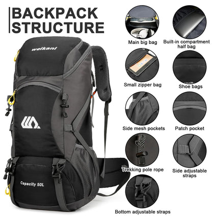 jianyana Wanderrucksack 50L Trekkingrucksack mit Regenhülle