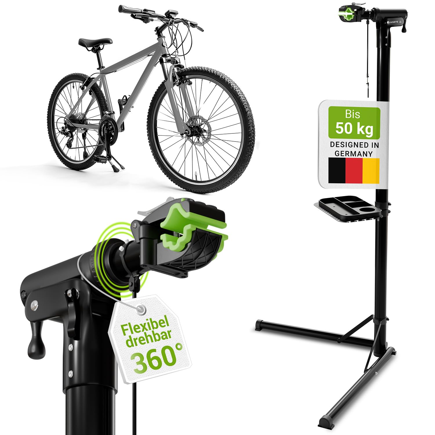 Juskys Fahrrad Reparaturständer – E-Bike, 50kg, klappbar. Metallständer mit Klemmbacken fixiert Fahrräder für Wartung und Reparatur.