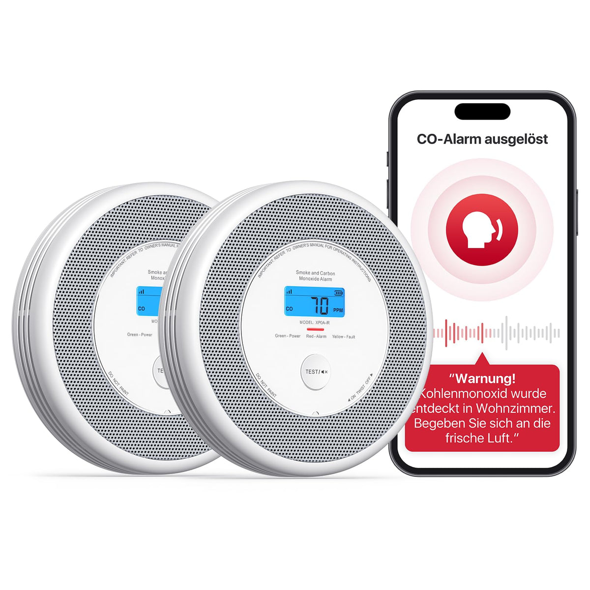 X-Sense XP0A-iR Rauch- und CO-Melder mit Sprachalarm, 2er-Set, schlankes Gehäuse aus flammhemmendem ABS