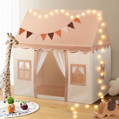 Snookids® Kinderzelt Spielhaus Indoor – mit Matte & Lichtern. Rechteckiges Textilhaus mit Dach für Indoor-Rollenspiel.