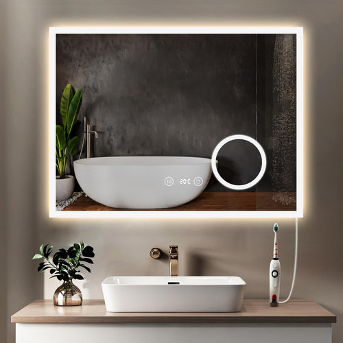 YOLEO LED Badspiegel 80x60cm mit Steckdose & beschlagfrei. Mit integrierter Steckdose und Heizfunktion für klare Sicht im Bad.