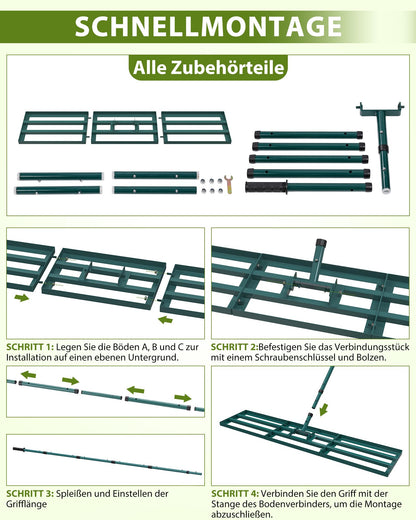 TITECK Rasenrakel 114 x 25 cm, Nivellierrechen mit 198 cm Stiel