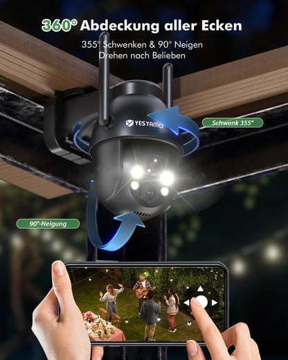 YESYAMO 2K Überwachungskamera Aussen mit Akku, Solarpanel, Pan/Tilt