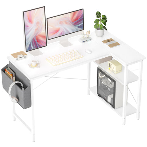 BEXEVUE L-förmiger Gaming Tisch 120x70 cm – Weiss, umkehrbar. Weißer L-Tisch bietet Arbeitsfläche für Gaming-Setup mit PC und Monitoren.