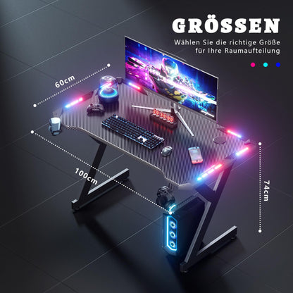 HLONONE Gaming Tisch mit LED, Computertisch 100 x 60 cm, Schwarz