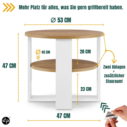 defiPad Couchtisch rund Eiche Ø 53 cm mit Ablage, 2 Ebenen