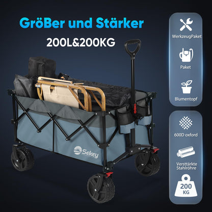 Sekey XXL Plus Bollerwagen faltbar mit Bremsen, 200 l, Blau-Grau