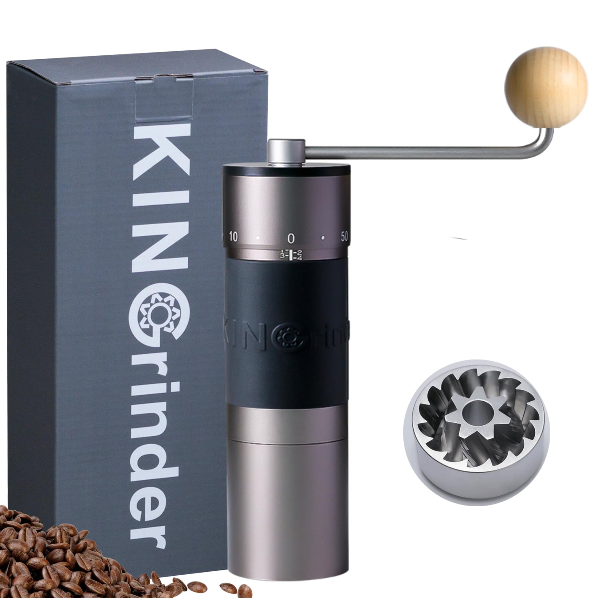 KINGrinder K6 Manuelle Kaffeemühle, silberner Zylinder. Mahlt Kaffeebohnen mit 200 Mahlgraden für Espresso und Filterkaffee.
