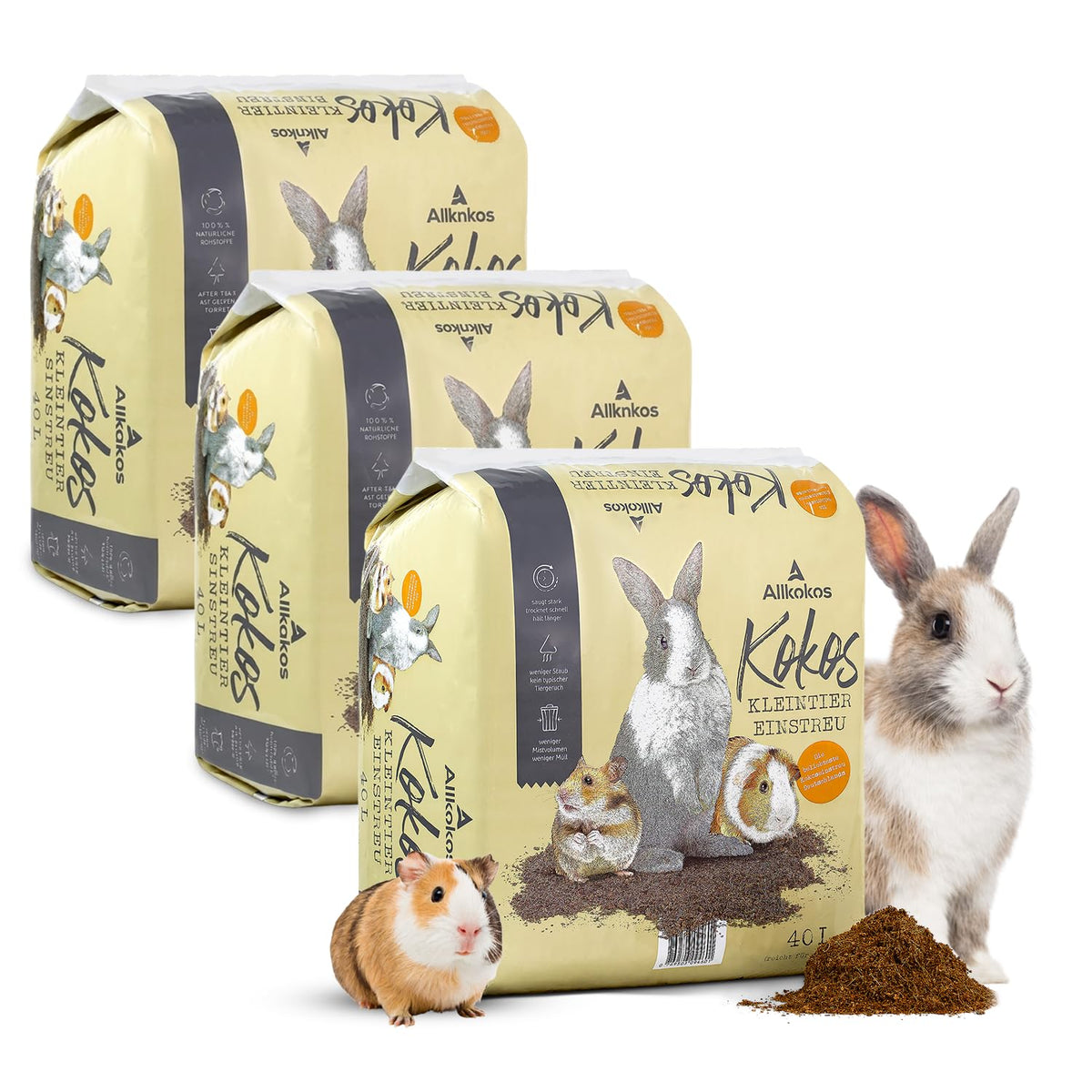 Allkokos Einstreu aus 100 % Kokosfasern für Kleintiere, 3x40 Liter – für Hamster, Kaninchen und Meerschweinchen