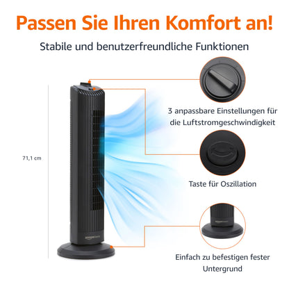 Amazon Basics Turmventilator, oszillierend, 71 cm, 3 Stufen, schwarz