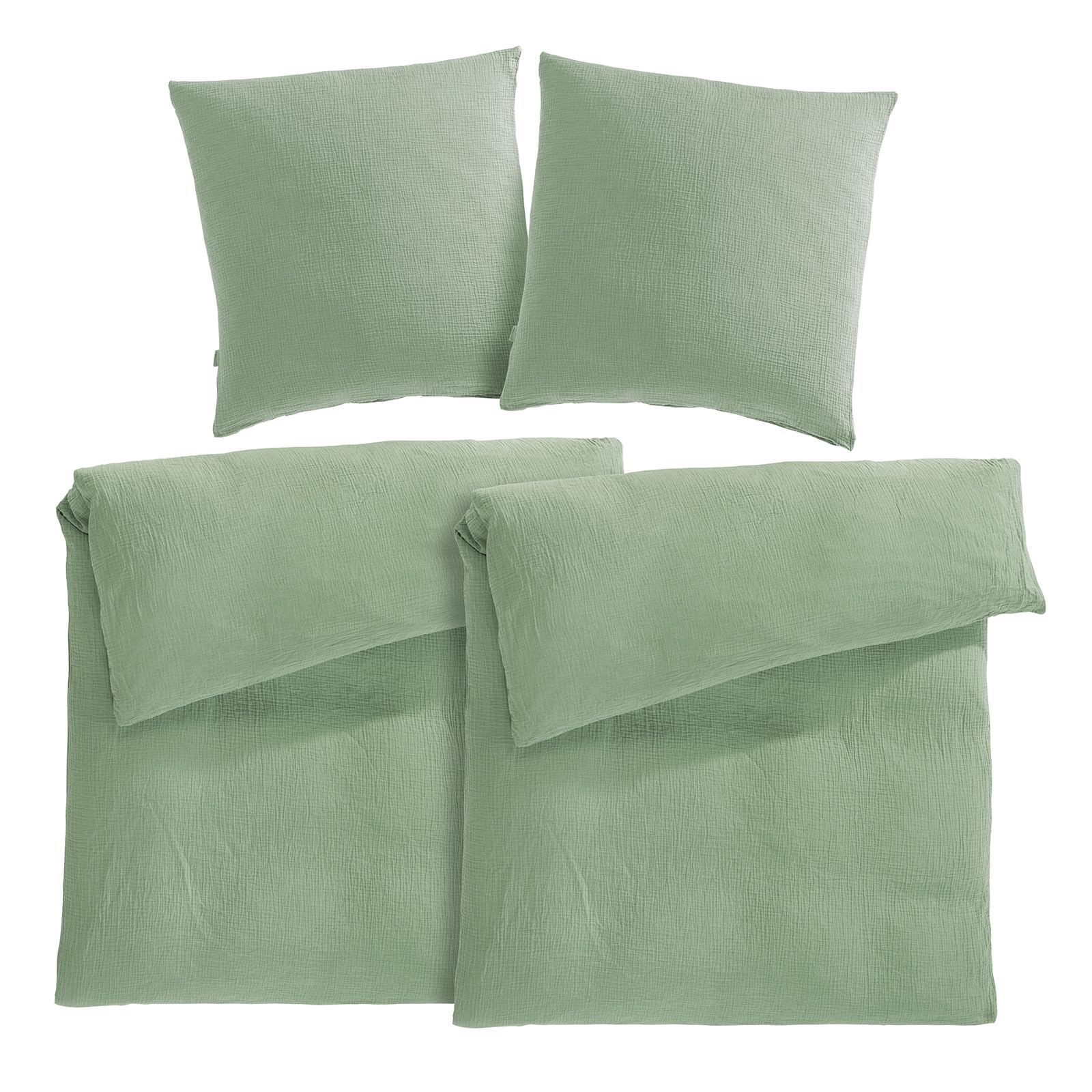 Pure Label Musselin Bettwäsche Set 4-teilig - 135x200 Grün. Grüner Musselin-Bettbezug und Kopfkissenbezüge für Einzelbetten, für erholsamen Schlaf.