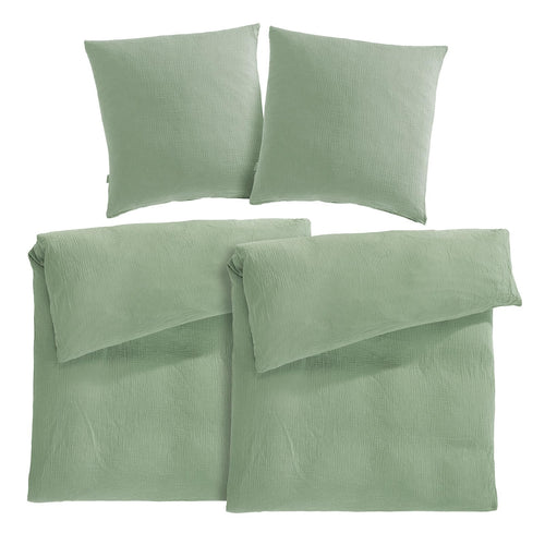Pure Label Musselin Bettwäsche Set 4-teilig - 135x200 Grün. Grüner Musselin-Bettbezug und Kopfkissenbezüge für Einzelbetten, für erholsamen Schlaf.