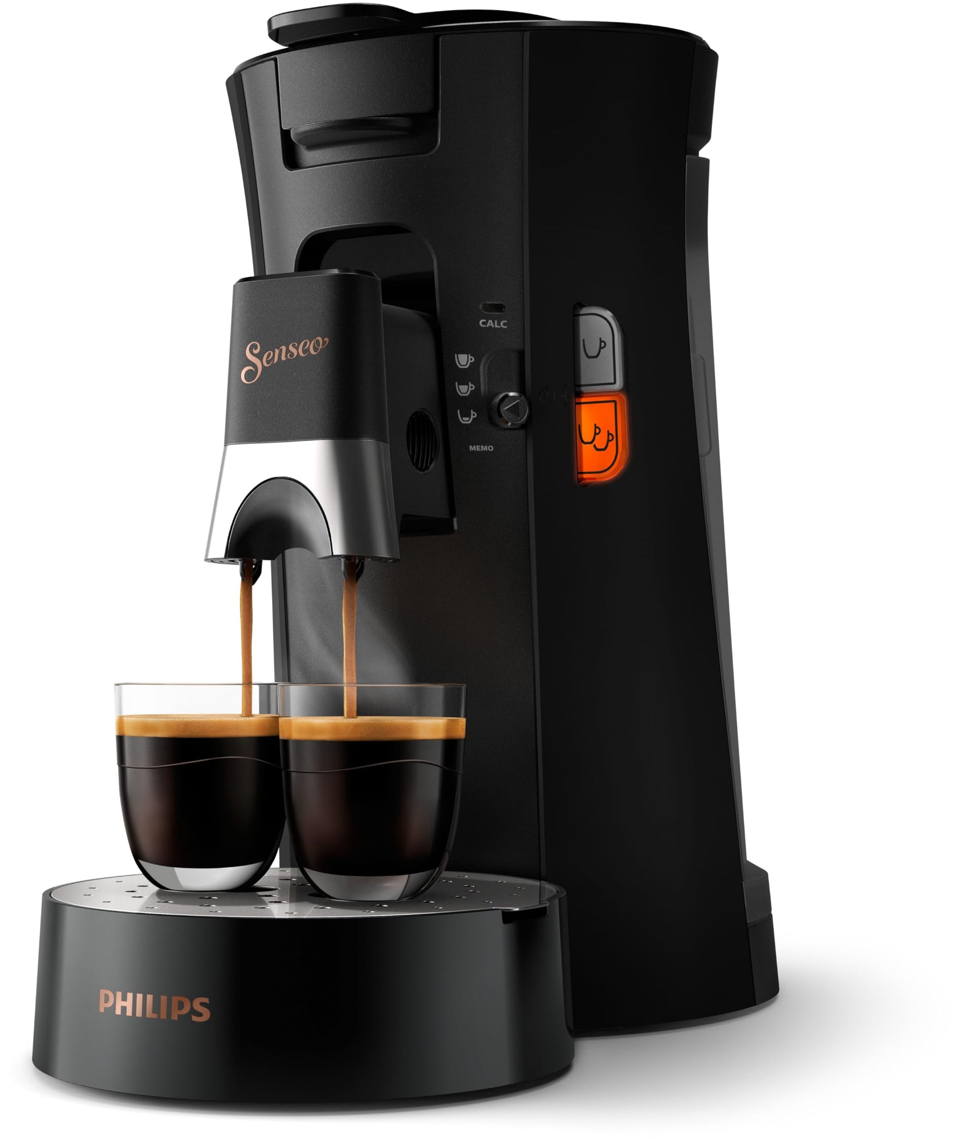 Philips Senseo Select CSA240 Kaffeepadmaschine - Memo & Intensity Plus. Schwarzes Gerät brüht Pads mit variabler Stärke.