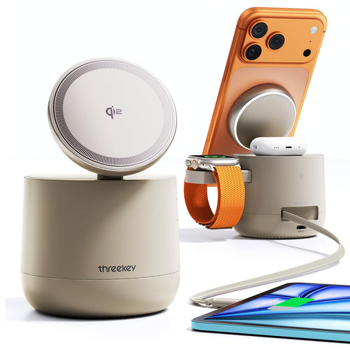 THREEKEY TK-CW303 4-in-1 MagSafe Ladestation, Qi2 15W, 65W Netzteil, Lade-Cube mit Nachtlicht
