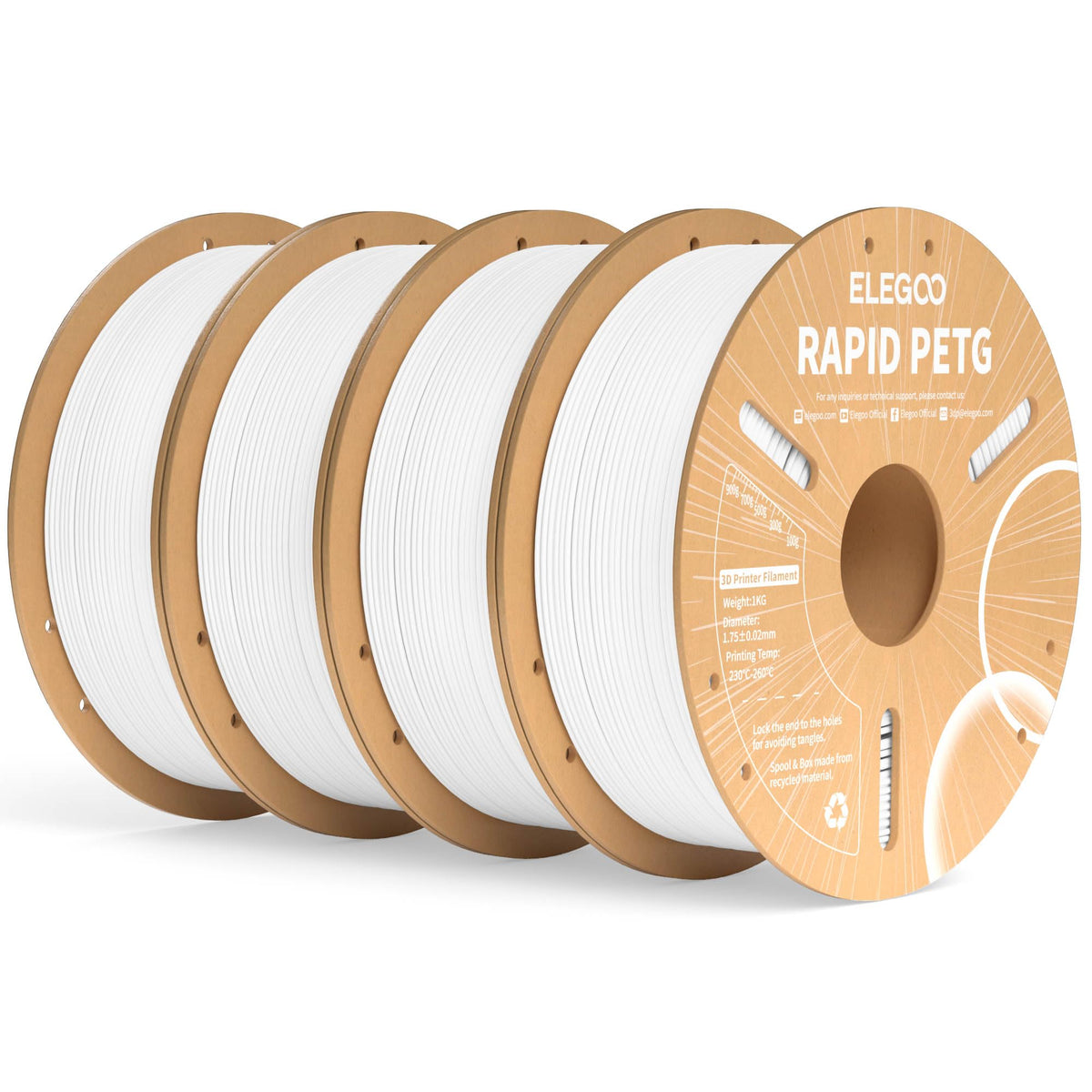 ELEGOO Rapid PETG 3D-Drucker-Filament 1,75 mm weiss 4 kg, weisse Pappspule für den 3D-Druck