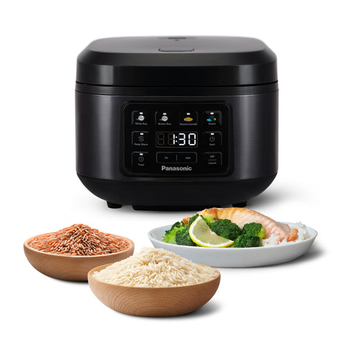 Panasonic SR-DA152KXE Reiskocher mit Dampfgarer, schwarz. Zylindrisches Gehäuse zum Kochen von Reis und Dämpfen von Speisen.