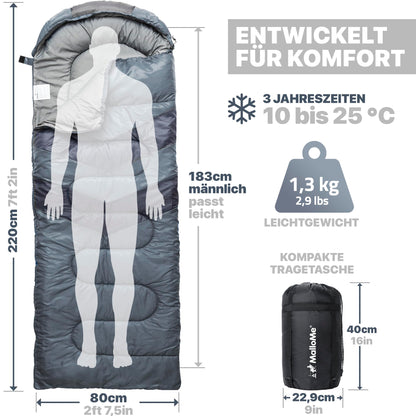 MalloMe Camping-Schlafsack 10–25 °C für Erwachsene und Kinder, Grau