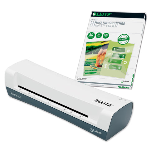 Leitz iLAM Home A4 Laminiergerät Set + 100 Folien 80 mic - Weiss. Rechteckiges, weisses Gerät zum Laminieren von A4-Dokumenten.