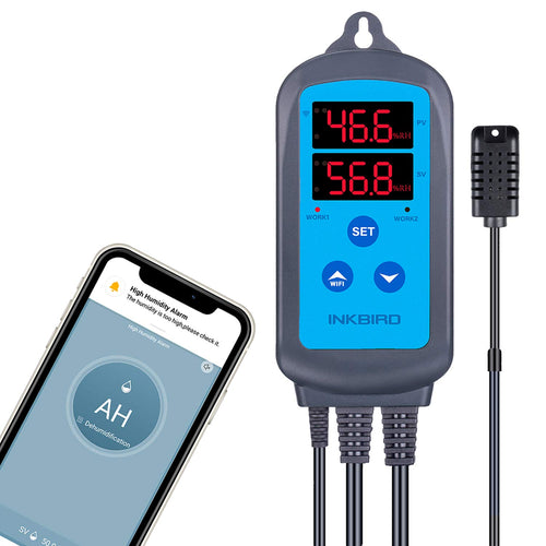 Inkbird IHC-200-WIFI Feuchtigkeitsregler – WLAN App-Steuerung: Weißes rechteckiges Gehäuse, LCD. Steuert Luftfeuchtigkeit präzise.