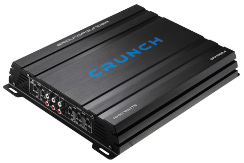 Crunch GPX-1000.4 4-Kanal Auto-Verstärker – 4x125W RMS. Rechteckiger, schwarzer Verstärker. Verstärkt Audiosignale für KFZ-Lautsprecher.
