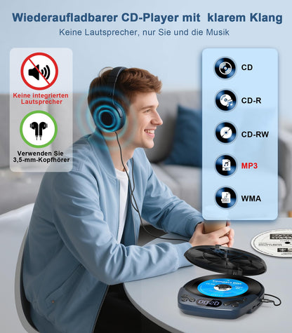 Greadio Tragbarer CD-Player Discman, wiederaufladbar, mit Kopfhörer