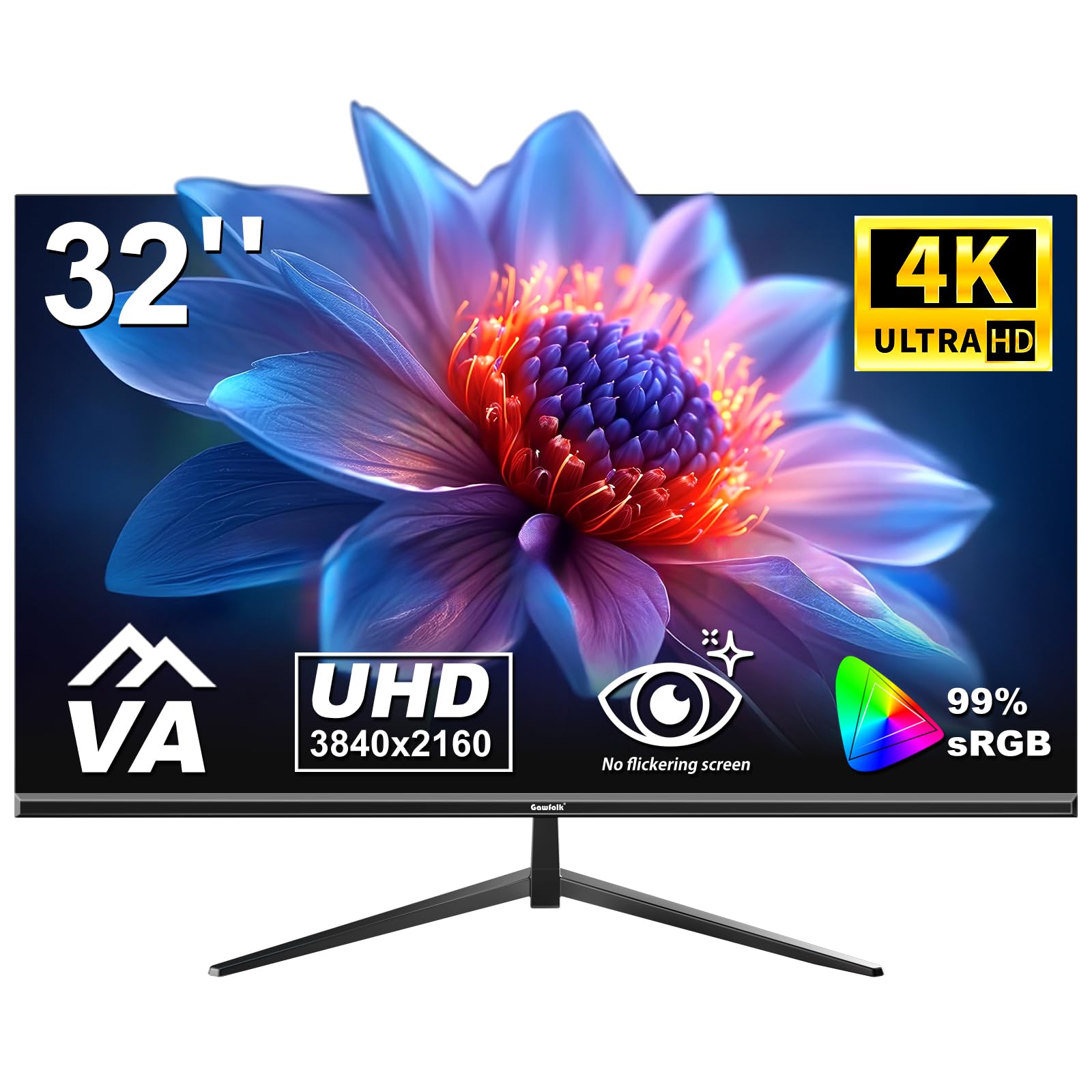 Gawfolk 32 Zoll 4K UHD PC Gaming Monitor – Schwarz. Rechteckiger, schwarzer Bildschirm mit schlankem Rahmen für scharfe 4K-Gaming-Darstellung.