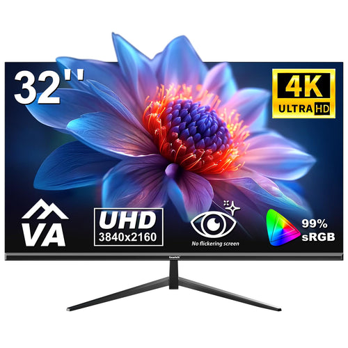 Gawfolk 32 Zoll 4K UHD PC Gaming Monitor – Schwarz. Rechteckiger, schwarzer Bildschirm mit schlankem Rahmen für scharfe 4K-Gaming-Darstellung.
