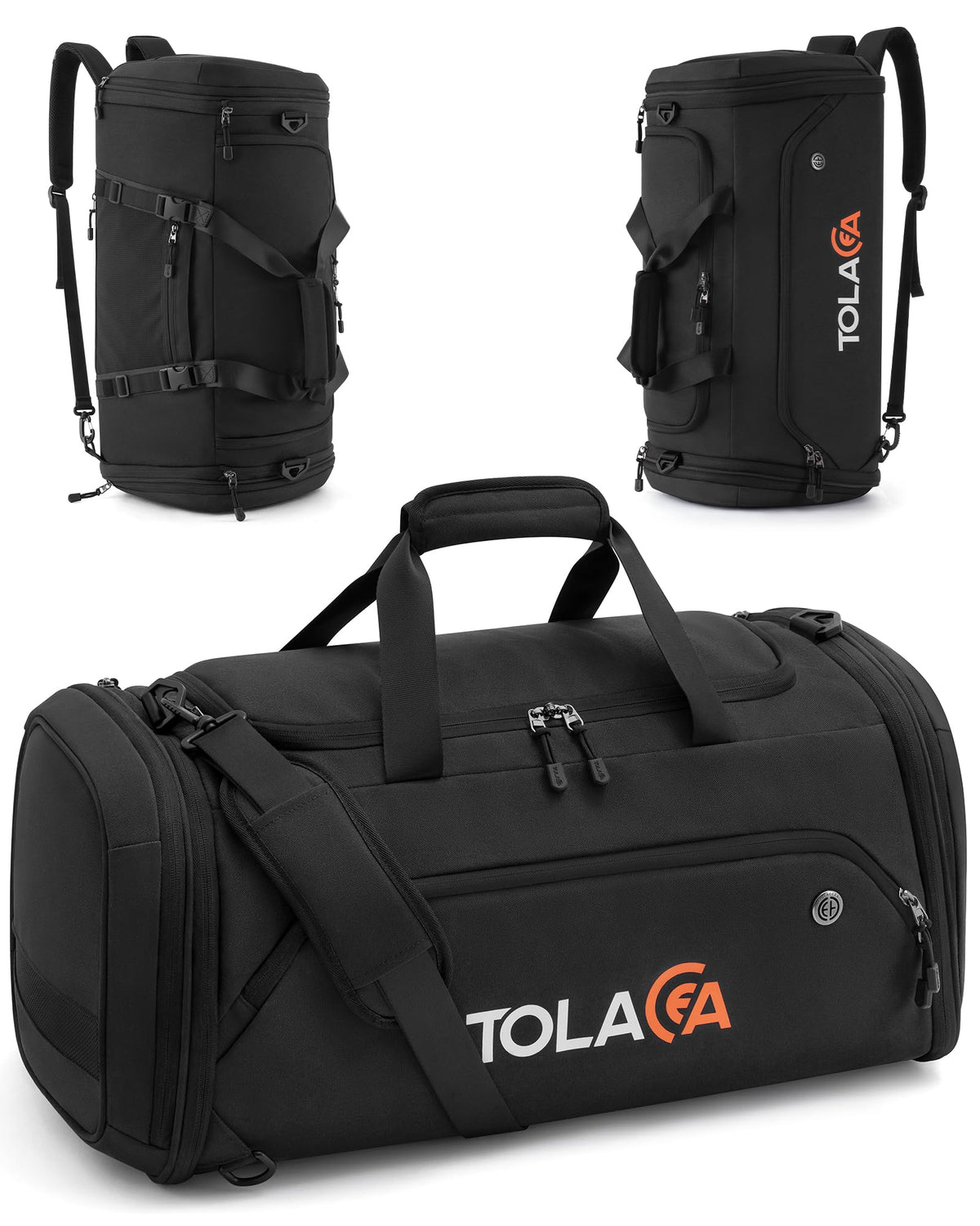 Tolaccea Sporttasche 56-70L erweiterbar mit Schuhfach, schwarz, aus Oxford-Gewebe, als Rucksack tragbar